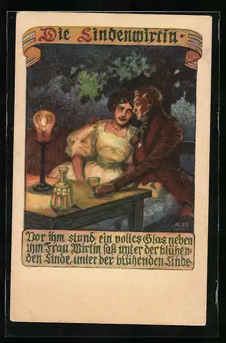 Künstler-AK Karl Alex Wilke: Deutscher Schulverein NR 31, Die Lindenwirtin, Liebespaar sitzt im Gartenlokal