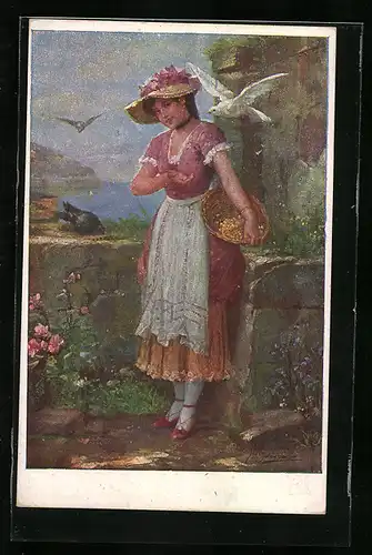 Künstler-AK Josef Süss: Dame beim Taubenfüttern