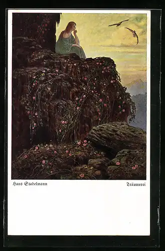 Künstler-AK Hans Stadelmann: Träumerei, Frau sitzt verträumt auf einem Felsen
