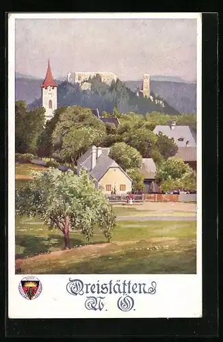 Künstler-AK Dreistätten, Blick von der Wiese zum Ort, Deutscher Schulverein