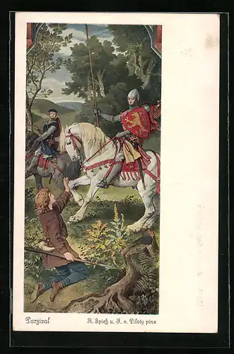 Künstler-AK sign. A. Spiess: Wie Parsival auf der Jagd zuerst von Ritterschaft erfährt