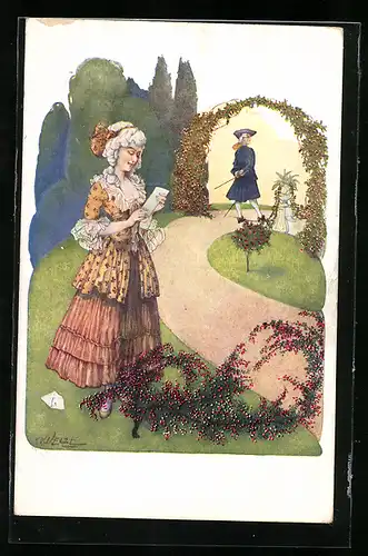 Künstler-AK T. Welzl: Frauen Liebe und Leben, Frau mit Liebesbrief