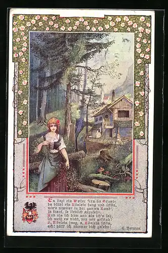 Künstler-AK T. Welzl: Fräulein am Waldesrand, Deutscher Schulverein