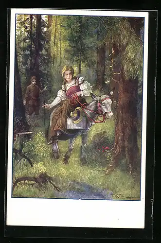 Künstler-AK T.Welzl: Junge Frau auf bepacktem Esel reitet durch den Wald, Mann im Hintergrund
