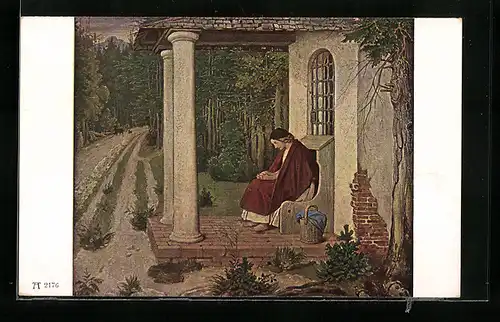 Künstler-AK Moritz von Schwind: Frau sitzt auf einer Bank vor einer Waldkapelle