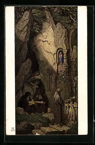 Künstler-AK Moritz von Schwind: Mönche beim Lesen der Bibel unter einer Madonna