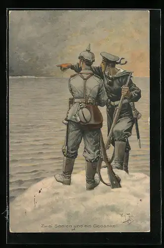 Künstler-AK Arthur Thiele: Infanterie-und Marinesoldat mit dem gleichen Gedanken