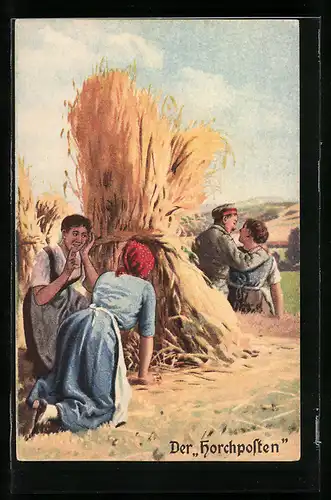 Künstler-AK Arthur Thiele: Der Horchposten, Feldarbeiterinnen beobachten Liebespaar