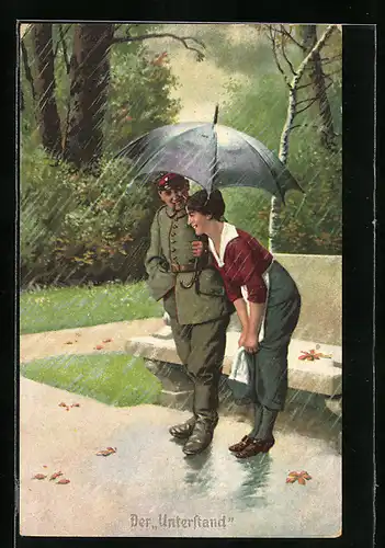 AK Der Unterstand, Soldat hält einer Frau den Schirm