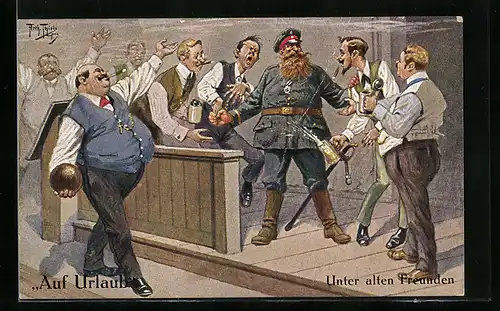 Künstler-AK A. Thiele: Auf Urlaub, kräftiger Frontsoldat zerdrückt seinen Freunden die Hand, Kegelbahn