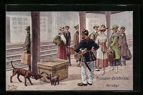 Künstler-AK A. Thiele: Hamster Erlebnisse. Anrüchig!, Hunde schnüffeln an Kiste auf dem Bahnhof, Soldat observiert