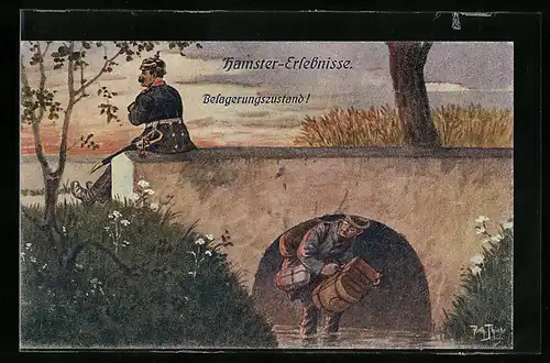 Künstler-AK Arthur Thiele: Hamster-Erlebnisse, Belagerungszustand!, feindlicher Soldat schleicht sich vorbei