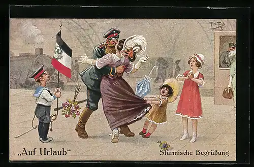 Künstler-AK Arthur Thiele: Auf Urlaub, Stürmische Begrüssung