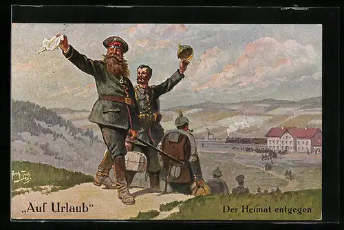 Künstler-AK Arthur Thiele: Auf Urlaub, Soldaten gehen der Heimat entgegen