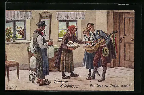 Künstler-AK Arthur Thiele: Hamster-Erlebnissse, Junges Paar nimmt Eier entgegen