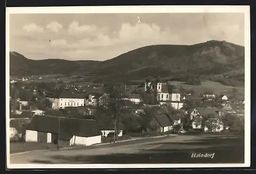 AK Haindorf, Totalansicht mit Bergpanorama