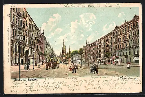 Lithographie Berlin-Charlottenburg, Tauentzienstrasse mit Strassenbahn