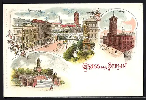 Lithographie Berlin, Alexanderplatz, das Rathaus, das Luther Denkmal