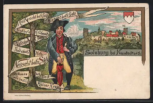 Lithographie Neustadt / Saale, Mann in Tracht des Rhöner Kreises, Panoramablick auf den Ort