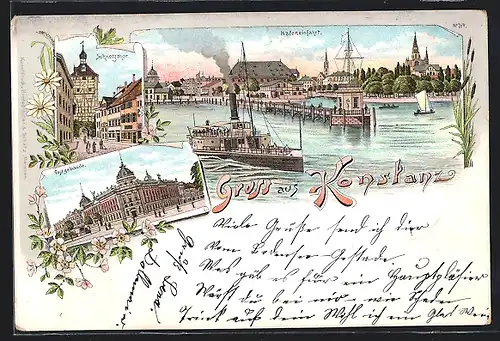 Lithographie Konstanz, Hafeneinfahrt, Postgebäude, Schnetztor