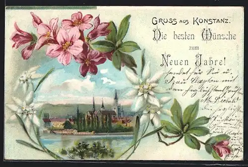 Passepartout-Lithographie Konstanz, Blick auf die Stadt mit bunten Blumen