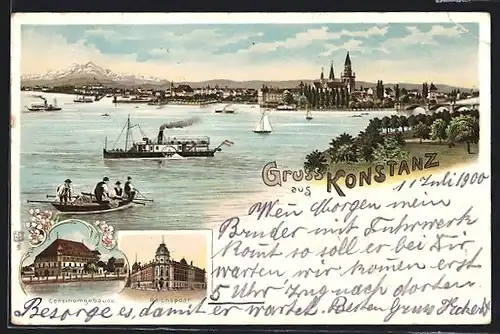 Lithographie Konstanz, Teilansicht mit Dampfer, Consiliumgebäude, Reichspost