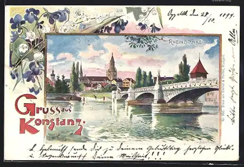 Lithographie Konstanz, Ortsansicht mit Rheinbrücke