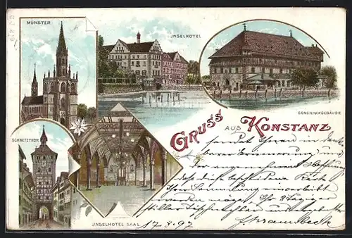 Lithographie Konstanz, Münster, Inselhotel, Schnetzthor
