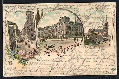 Lithographie Krefeld, Hochstrasse, Webeschule, Marienkirche