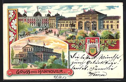 Lithographie Hannover, Bahnhof, Post und Hoftheater