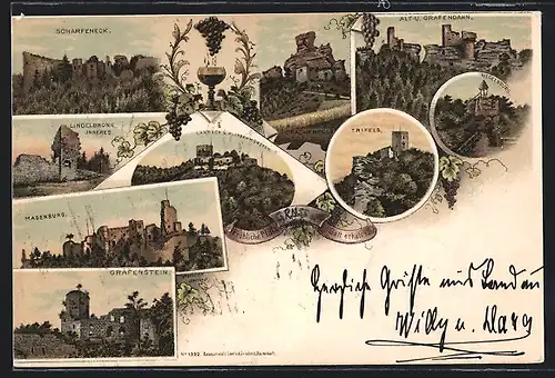 Lithographie Klingenmünster / Pfalz, Landeck, Scharfeneck, Madenburg