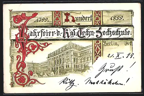 Künstler-AK Berlin-Charlottenburg, Karte zur 100 Jahrfeier der Kgl. Technischen Hochschule