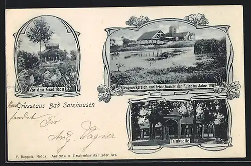 AK Bad Salzhausen, Bergwerksteich und letzte Ansicht der Ruine im Jahre 1902, Trinkhalle, Vor dem Gradierbau