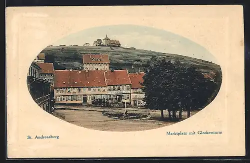 Präge-AK St. Andreasberg, Marktplatz mit Glockenturm und Apotheke