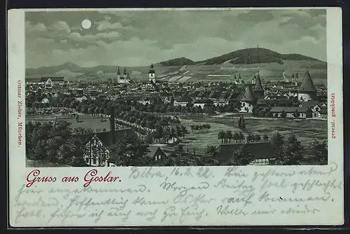 Mondschein-Lithographie Goslar, Ortsansicht mit Fachwerkshäusern