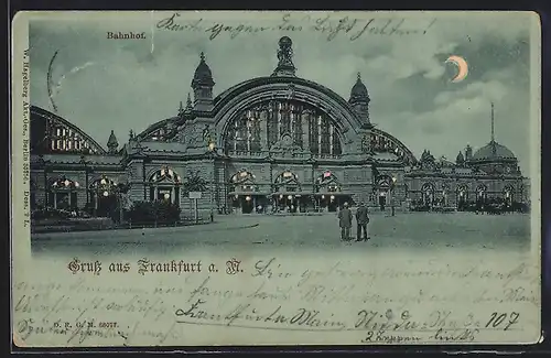 Mondschein-AK Frankfurt a. M., Blick auf den Bahnhof, Halt gegen das Licht