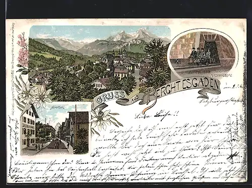 Lithographie Berchtesgaden, Einfahrt in den Ferdinandberg, Strassenpartie Nonnthal, Ortsansicht