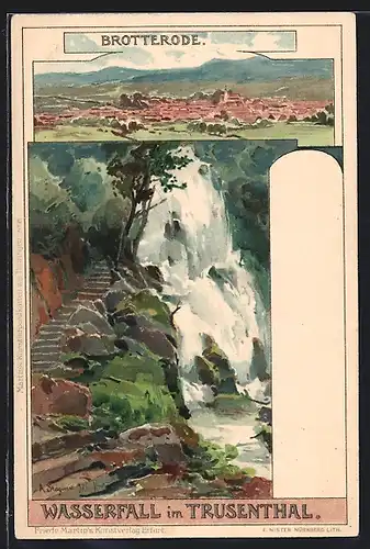 Künstler-AK Albert Stagura: Brotterode, Wasserfall im Trusenthal, Gesamtansicht