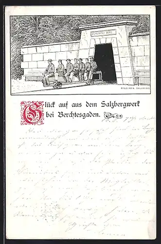 Künstler-AK Berchtesgaden, Bergarbeiter fahren aus dem Salzbergwerk
