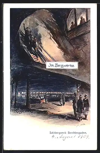 Künstler-AK Franz Kulstrunk: Berchtesgaden, Arbeiter im Salzbergwerk