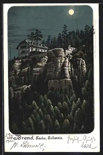 Lithographie Brand, Gasthaus bei Nacht