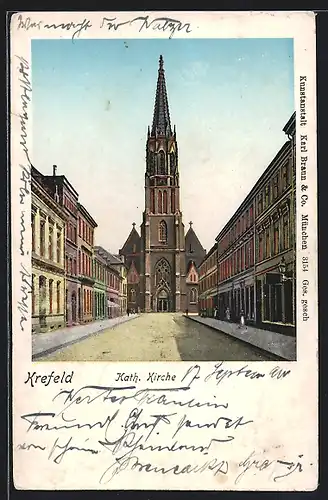 Goldfenster-AK Krefeld, Kath. Kirche mit leuchtenden Fenstern