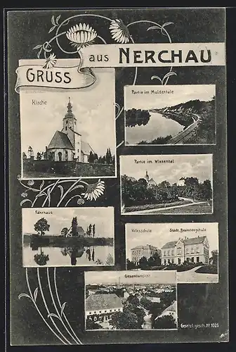 AK Nerchau, Kirche, Fährhaus, Volksschule