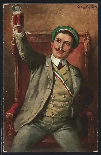 Künstler-AK Georg Mühlberg: Ein Prosit!, Student mit Schärpe hebt ein Bier