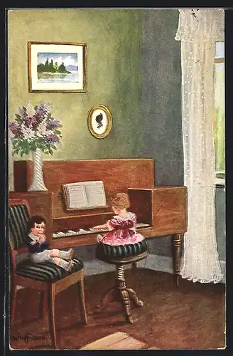 Künstler-AK Ad. Hoffmann: Sein Lieblings-Lied, Kleines Mädchen spielt Klavier