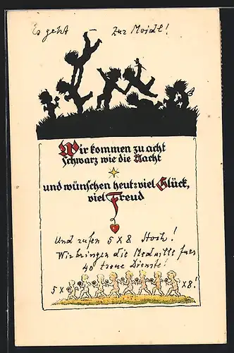 Künstler-AK Georg Plischke: Wir kommen zu acht, schwarz wie die Nacht und wünschen heut viel Glück, viel Freud, Engel