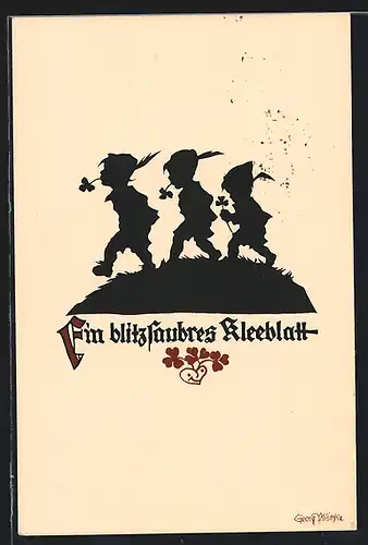 Künstler-AK Georg Plischke: Drei Jungs mit Kleeblättern marschieren über eine Wiese