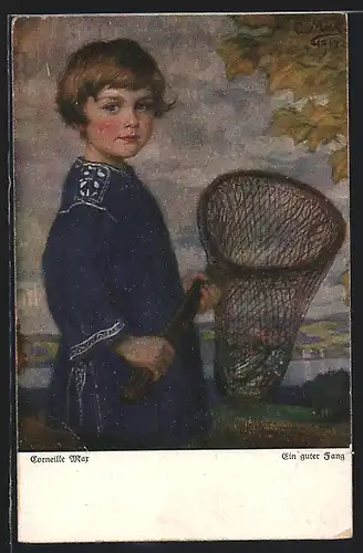 Künstler-AK Corneille Max: Ein guter Fang, Bursche mit Fischen im Kescher