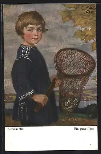 Künstler-AK Corneille Max: Ein guter Fang, Bursche mit Fischen im Kescher