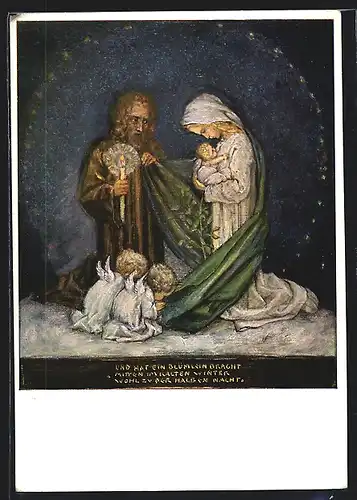 Künstler-AK Maria Spötl: Maria und Joseph mit dem Jesuskind und zwei Engeln